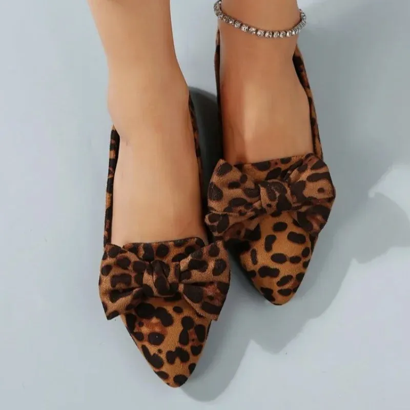 Amozae-2024 Fashion Women's Shoes Leopard Print Women's Flats Hot Sale Butterfly-knot Office and Career Sexy Pointed Toe Flat Low Heels