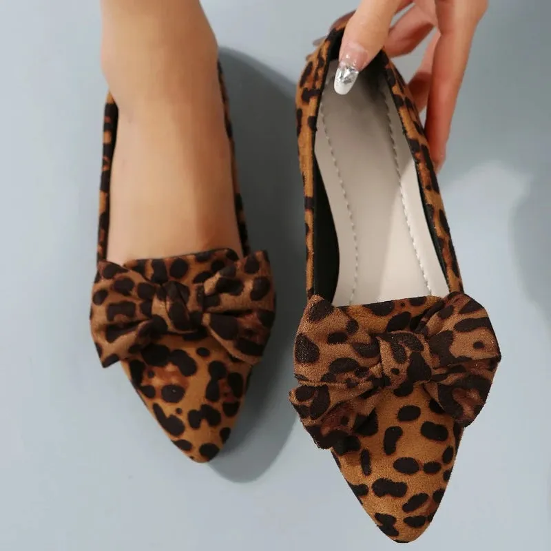 Amozae-2024 Fashion Women's Shoes Leopard Print Women's Flats Hot Sale Butterfly-knot Office and Career Sexy Pointed Toe Flat Low Heels