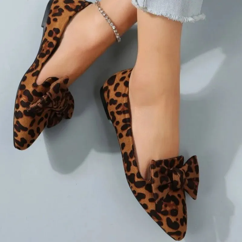 Amozae-2024 Fashion Women's Shoes Leopard Print Women's Flats Hot Sale Butterfly-knot Office and Career Sexy Pointed Toe Flat Low Heels