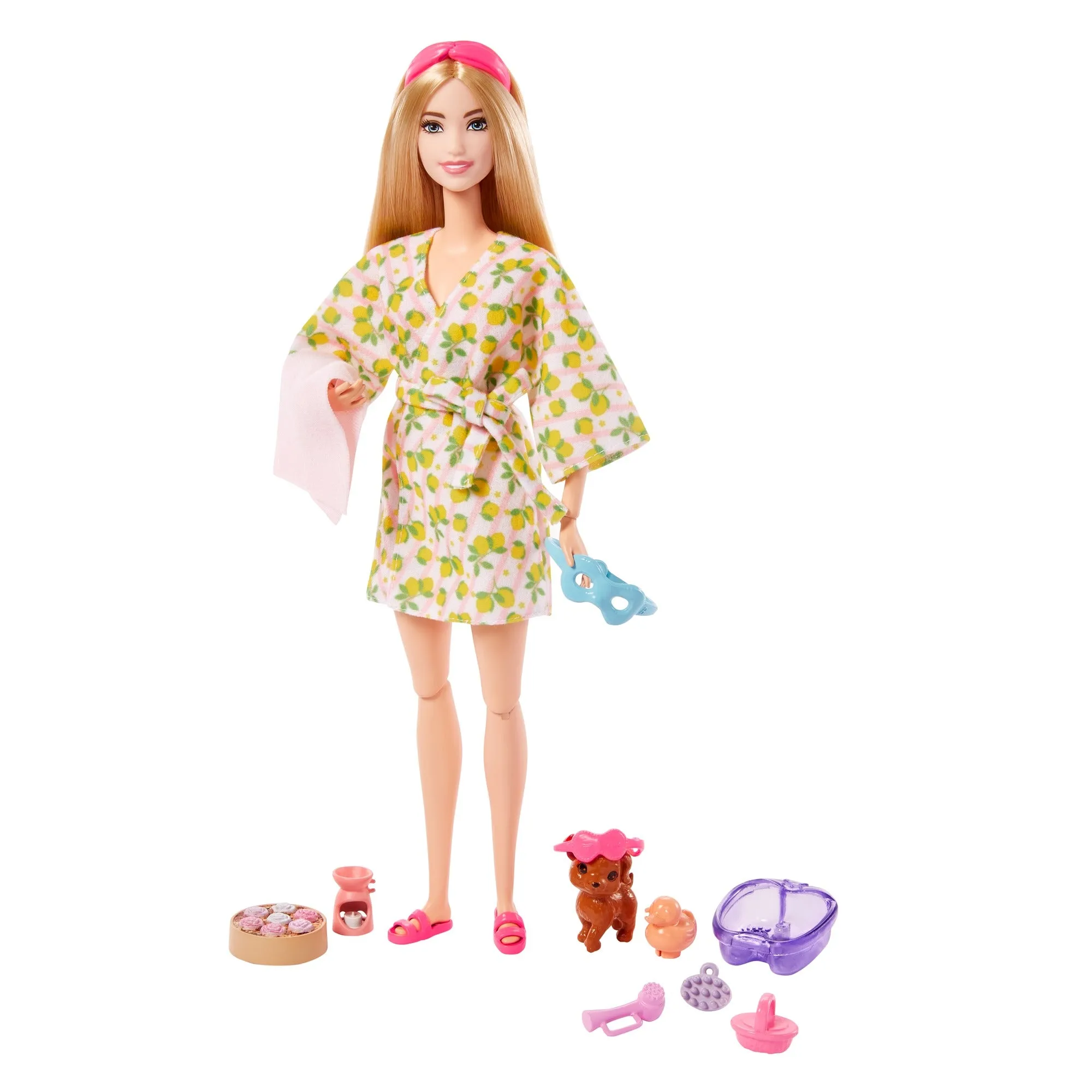 Barbie Wellness Doll Playset with Blonde Doll with Pet Puppy, Barbie Sets, Spa Day, Lemon Print Bathrobe, Headband and Eye Mask for Kids Ages 3 