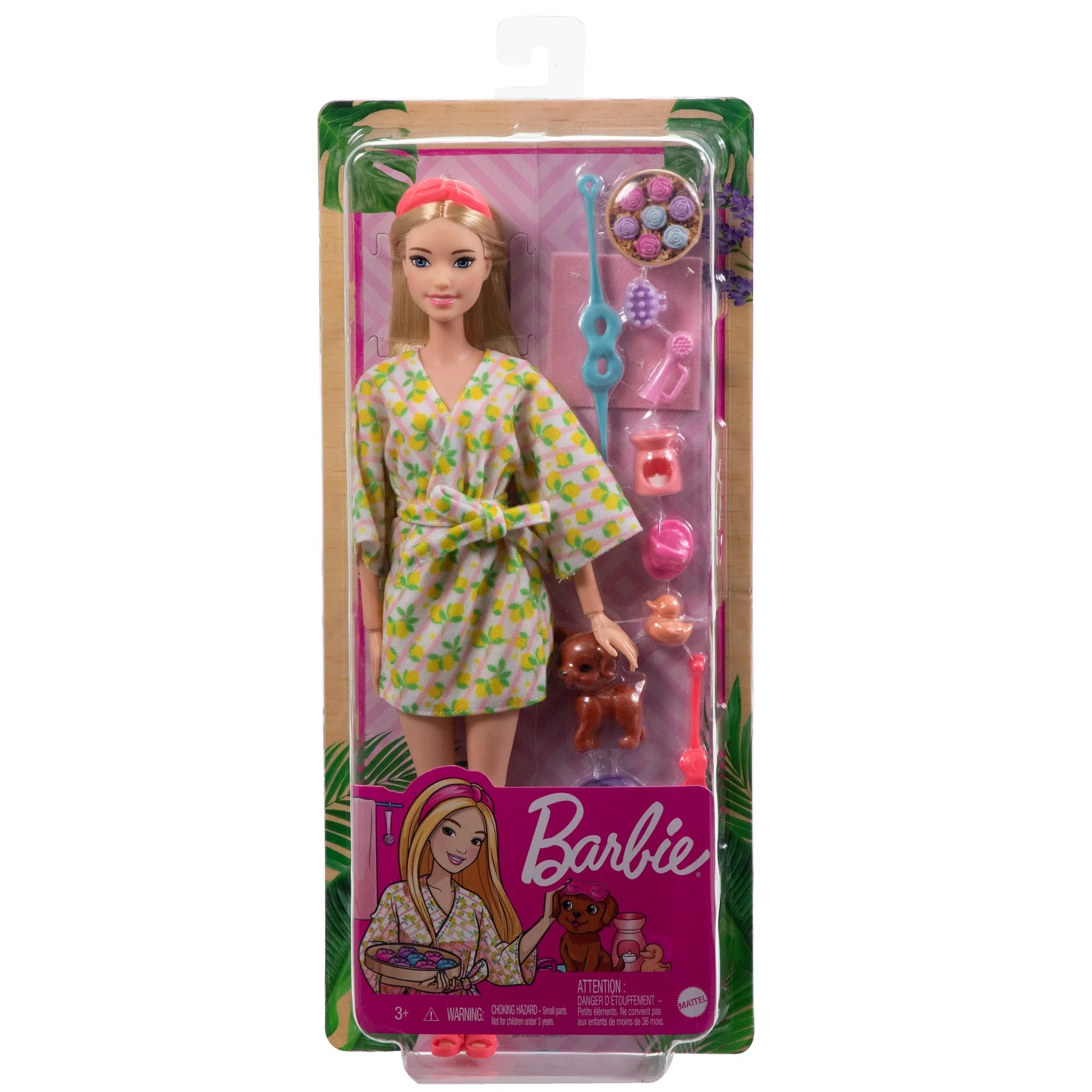 Barbie Wellness Doll Playset with Blonde Doll with Pet Puppy, Barbie Sets, Spa Day, Lemon Print Bathrobe, Headband and Eye Mask for Kids Ages 3 