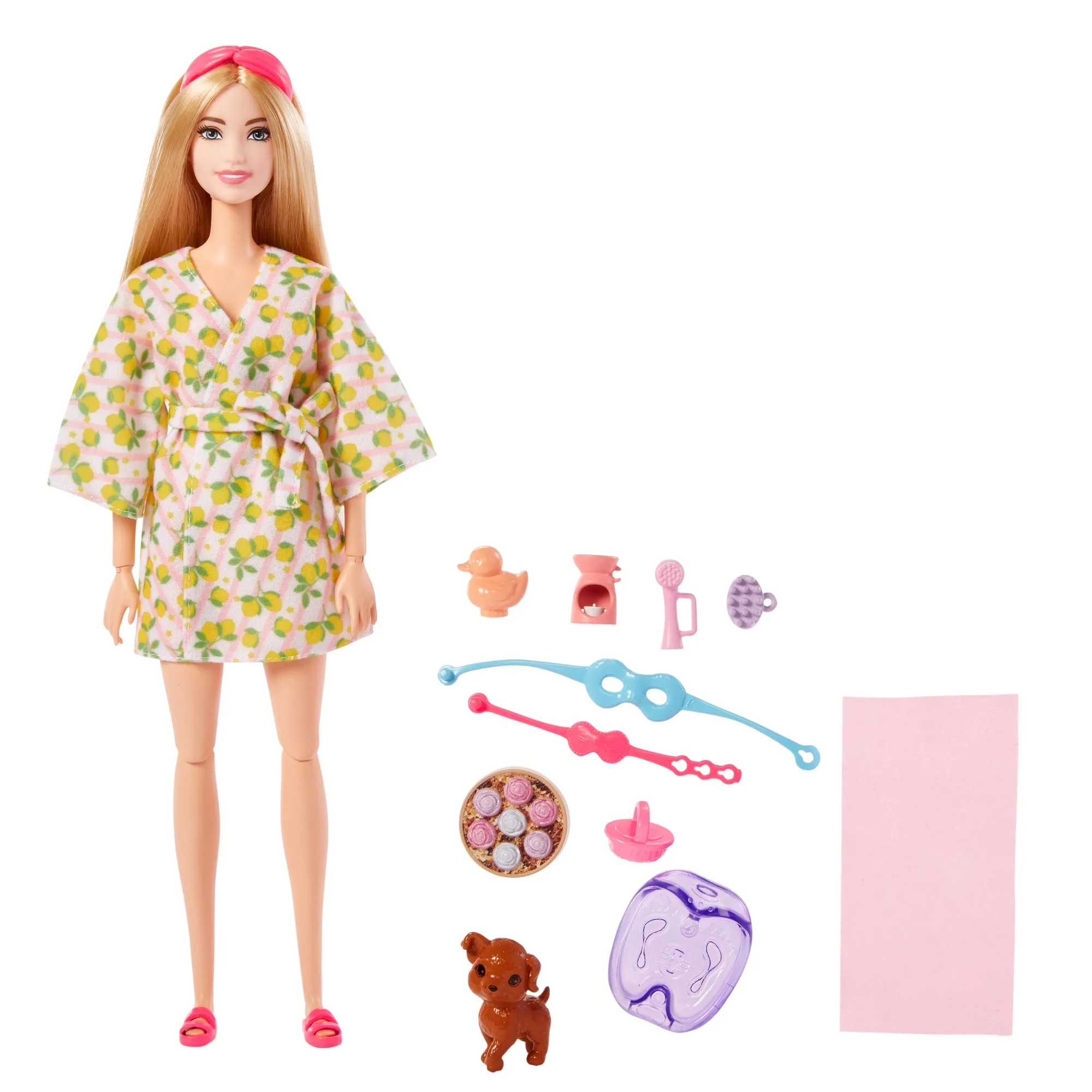 Barbie Wellness Doll Playset with Blonde Doll with Pet Puppy, Barbie Sets, Spa Day, Lemon Print Bathrobe, Headband and Eye Mask for Kids Ages 3 