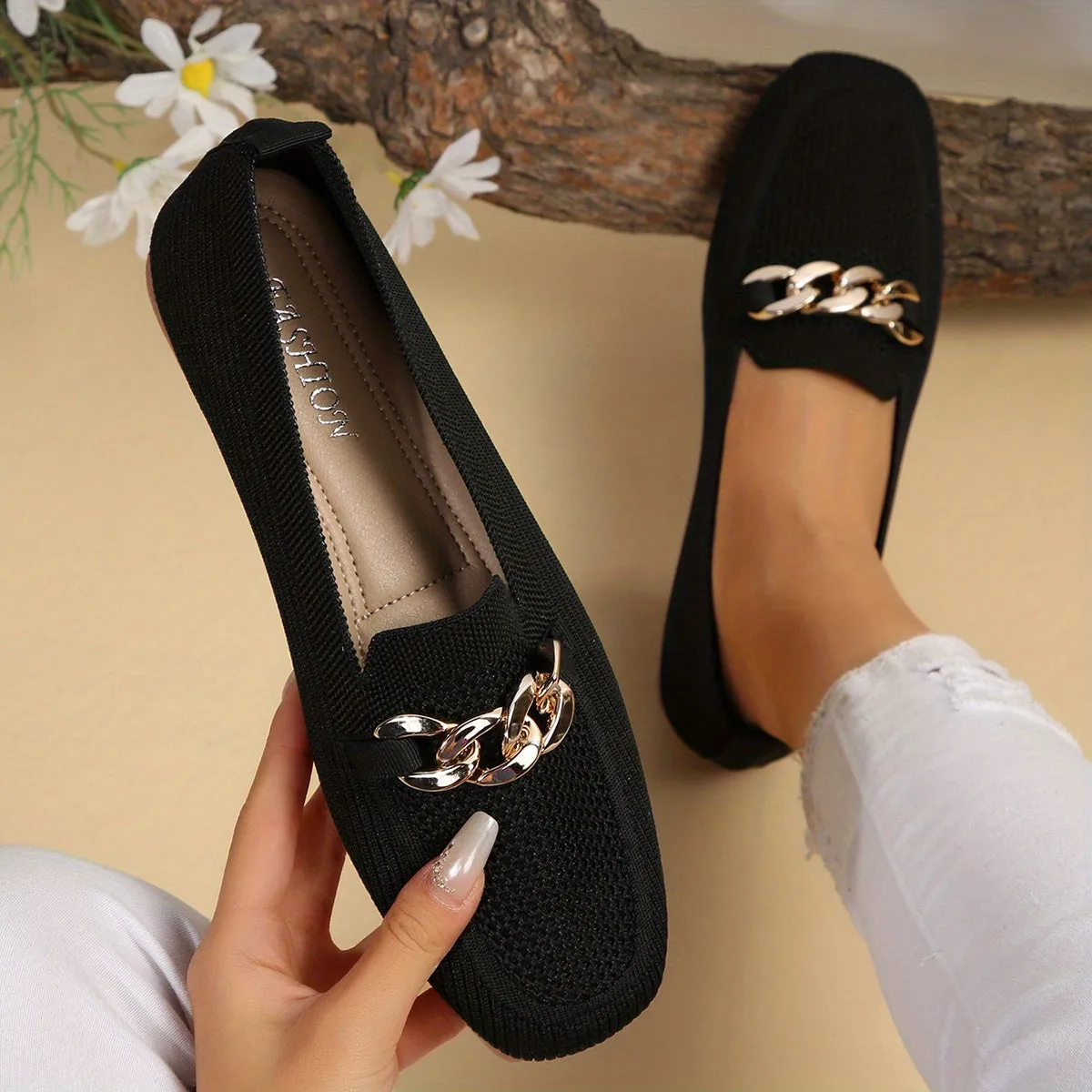 Chic Lightweight Ballet Flats for Women – Breathable & Comfy with Square Toe and Metallic Chain Detail, Versatile All-Season Wear