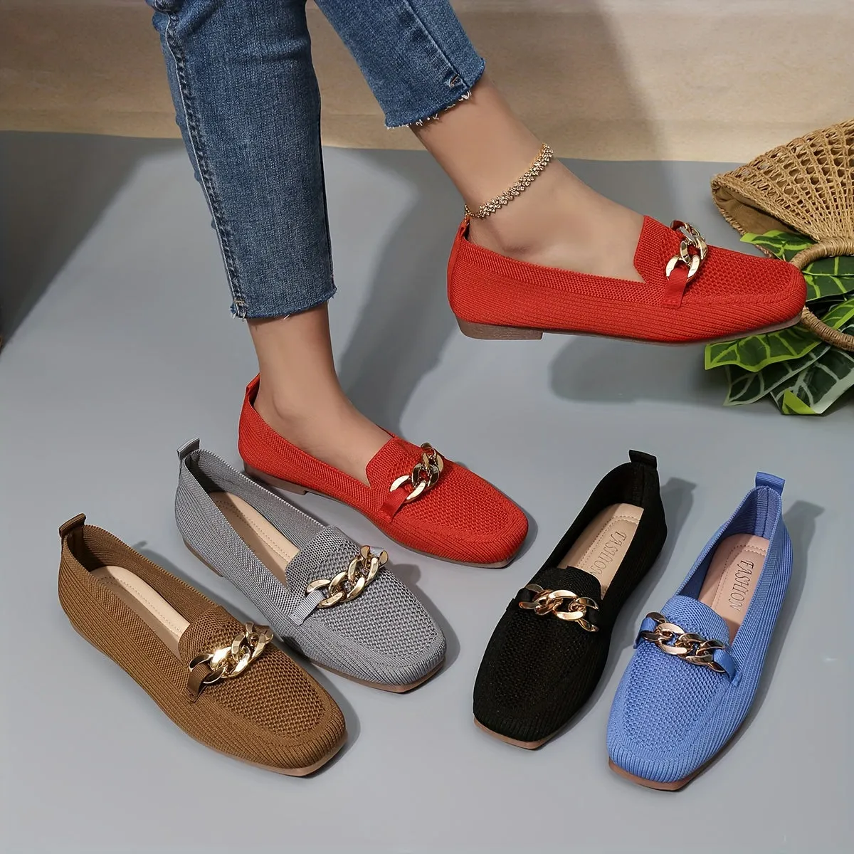 Chic Lightweight Ballet Flats for Women – Breathable & Comfy with Square Toe and Metallic Chain Detail, Versatile All-Season Wear