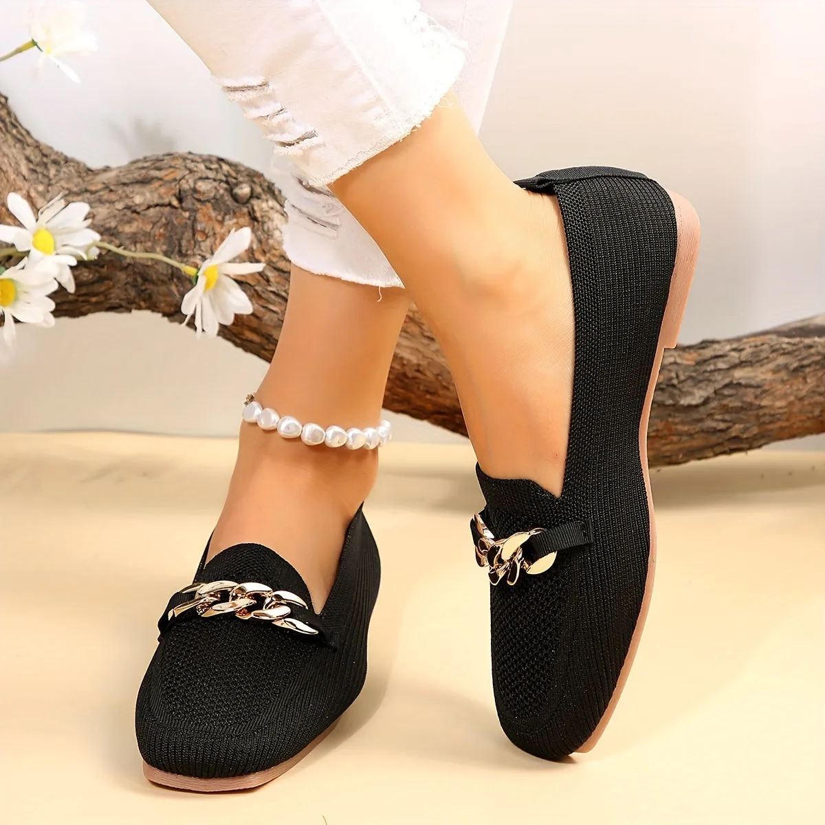 Chic Lightweight Ballet Flats for Women – Breathable & Comfy with Square Toe and Metallic Chain Detail, Versatile All-Season Wear