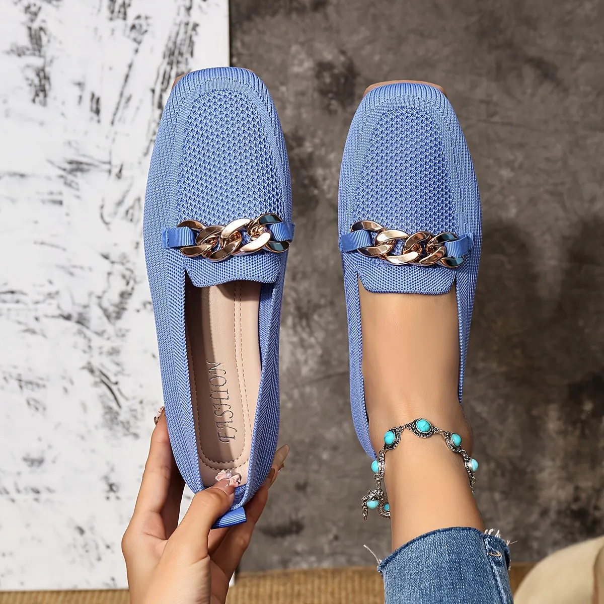Chic Lightweight Ballet Flats for Women – Breathable & Comfy with Square Toe and Metallic Chain Detail, Versatile All-Season Wear