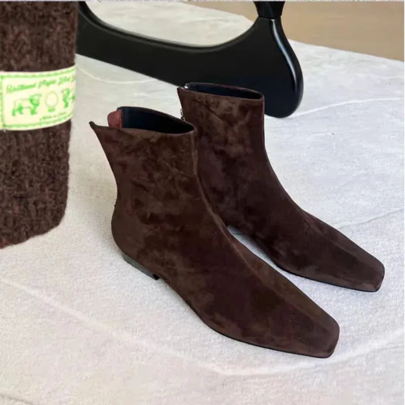 Hnzxzm Flats Ankle Boots Suede Warm Women Shoes Winter Brand Square Toe Casual Chelsea 2025 Trend Low Heels Snow Boots Mujer Zapatos