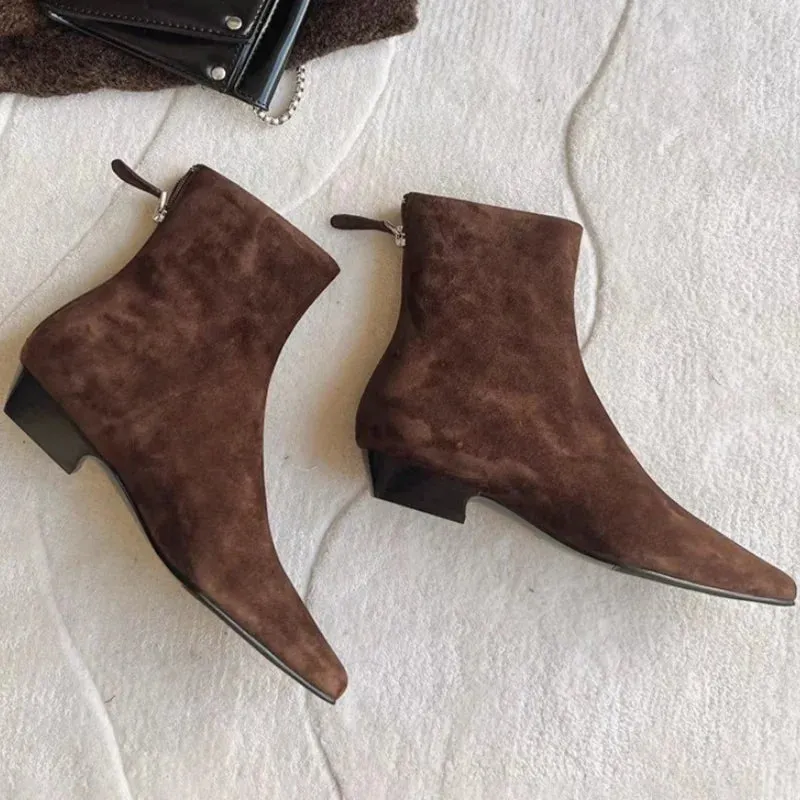 Hnzxzm Flats Ankle Boots Suede Warm Women Shoes Winter Brand Square Toe Casual Chelsea 2025 Trend Low Heels Snow Boots Mujer Zapatos