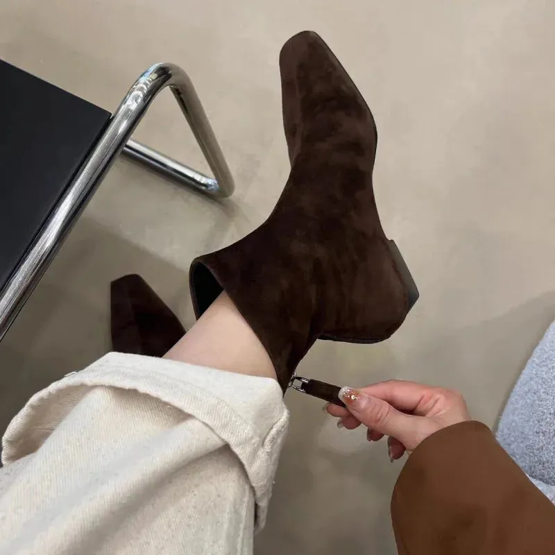Hnzxzm Flats Ankle Boots Suede Warm Women Shoes Winter Brand Square Toe Casual Chelsea 2025 Trend Low Heels Snow Boots Mujer Zapatos