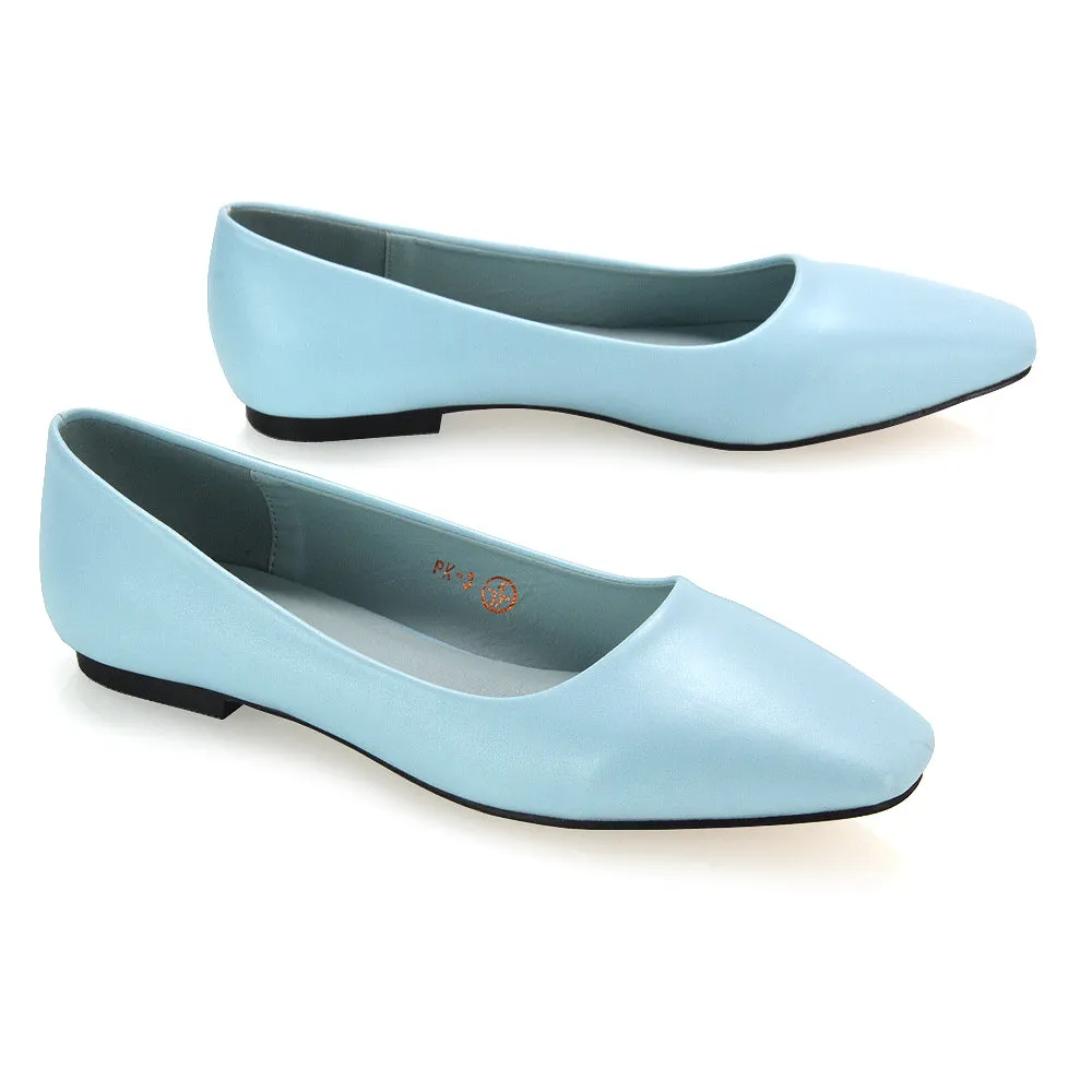 Maci Square Toe Slip on Flat Heel Ballerina Pumps in Blue Synthetic Leather