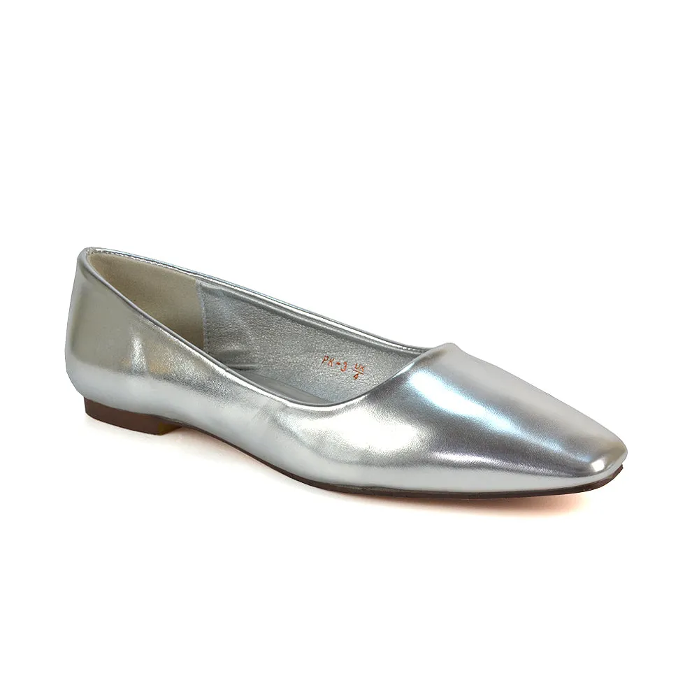 Maci Square Toe Slip on Flat Heel Ballerina Pumps in Blue Synthetic Leather