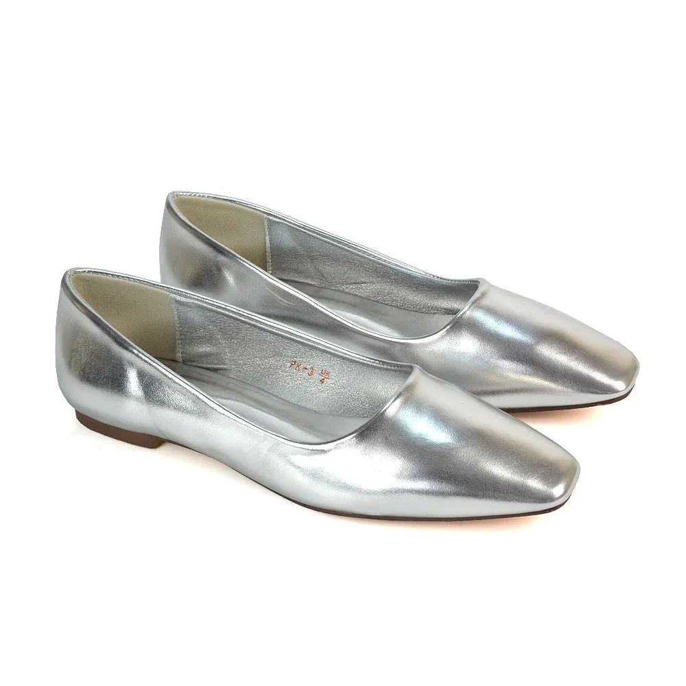 Maci Square Toe Slip on Flat Heel Ballerina Pumps in Blue Synthetic Leather