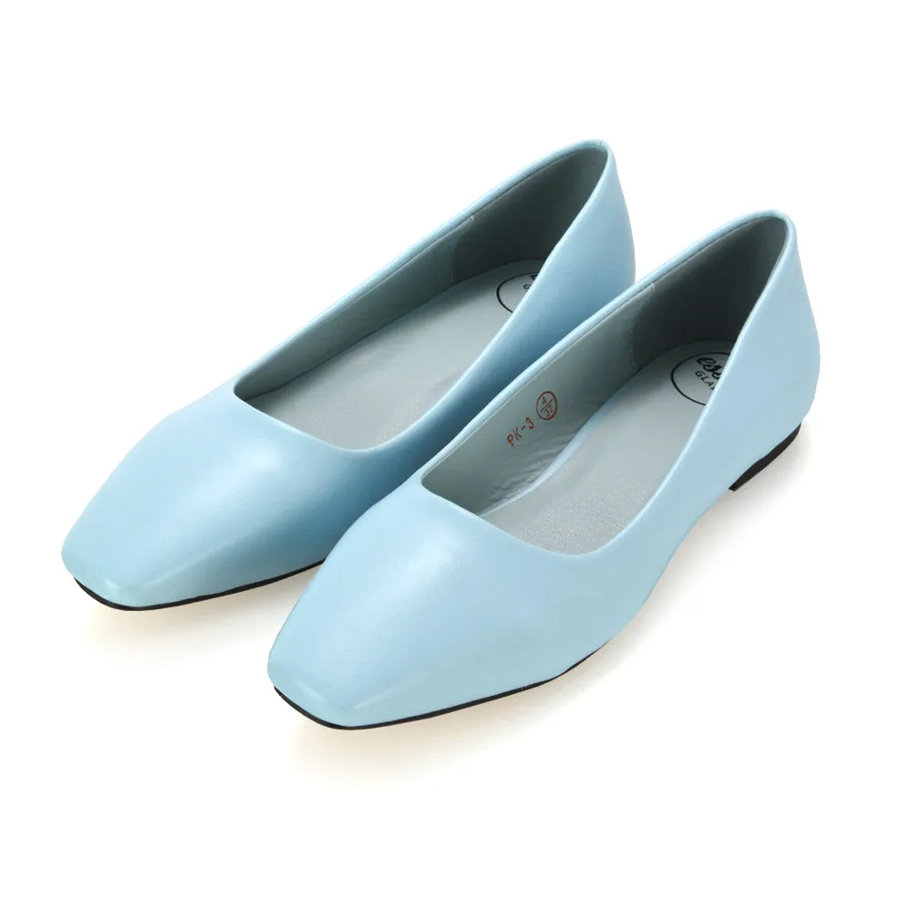 Maci Square Toe Slip on Flat Heel Ballerina Pumps in Blue Synthetic Leather