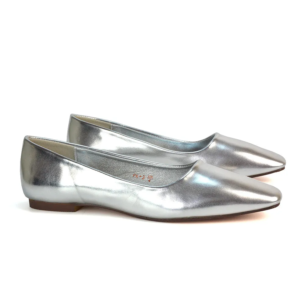 Maci Square Toe Slip on Flat Heel Ballerina Pumps in Blue Synthetic Leather