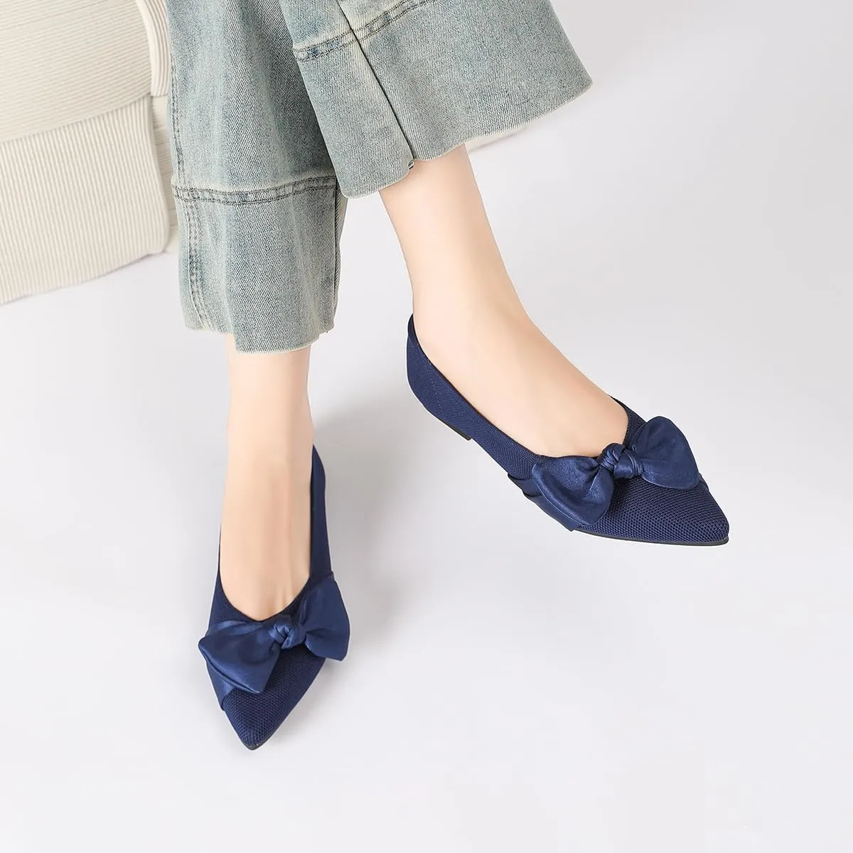 Semwiss Pointed Toe Ballet Flats for Women Slip On Comfortable Flats with Bow Dressy Casual Work Shoes