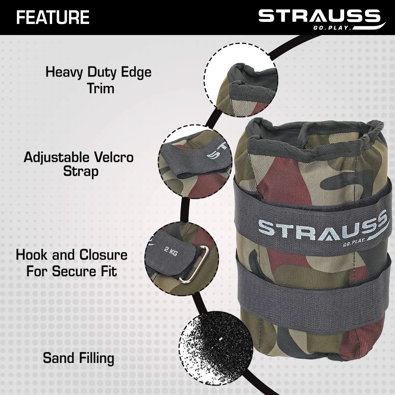 Strauss Adjustable Ankle/Wrist Weights 1 KG X 2 | Ideal for Walking, Running, Jogging, Cycling, Gym, Workout & Strength Training | Easy to Use on Ankle, Wrist, Leg, (Camouflage)