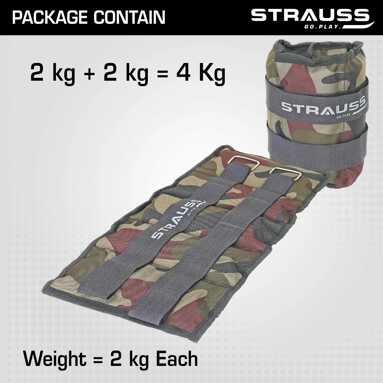 Strauss Adjustable Ankle/Wrist Weights 1 KG X 2 | Ideal for Walking, Running, Jogging, Cycling, Gym, Workout & Strength Training | Easy to Use on Ankle, Wrist, Leg, (Camouflage)