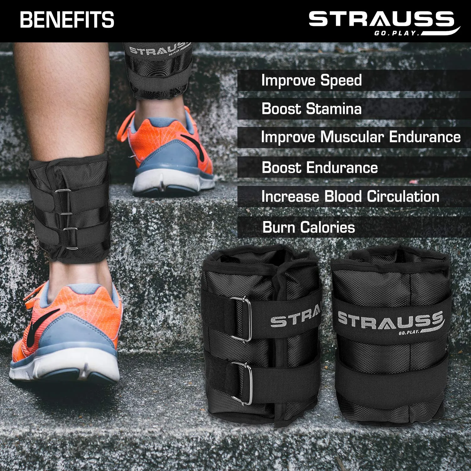 Strauss Adjustable Ankle/Wrist Weights 1.5 KG X 2 | Ideal for Walking, Running, Jogging, Cycling, Gym, Workout & Strength Training | Easy to Use on Ankle, Wrist, Leg, (Black)