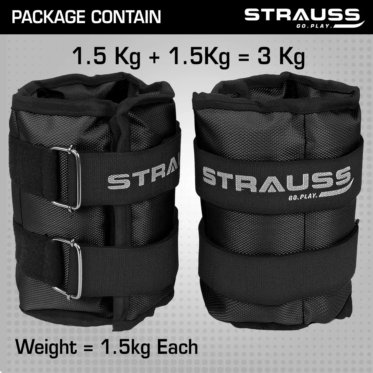 Strauss Adjustable Ankle/Wrist Weights 1.5 KG X 2 | Ideal for Walking, Running, Jogging, Cycling, Gym, Workout & Strength Training | Easy to Use on Ankle, Wrist, Leg, (Black)