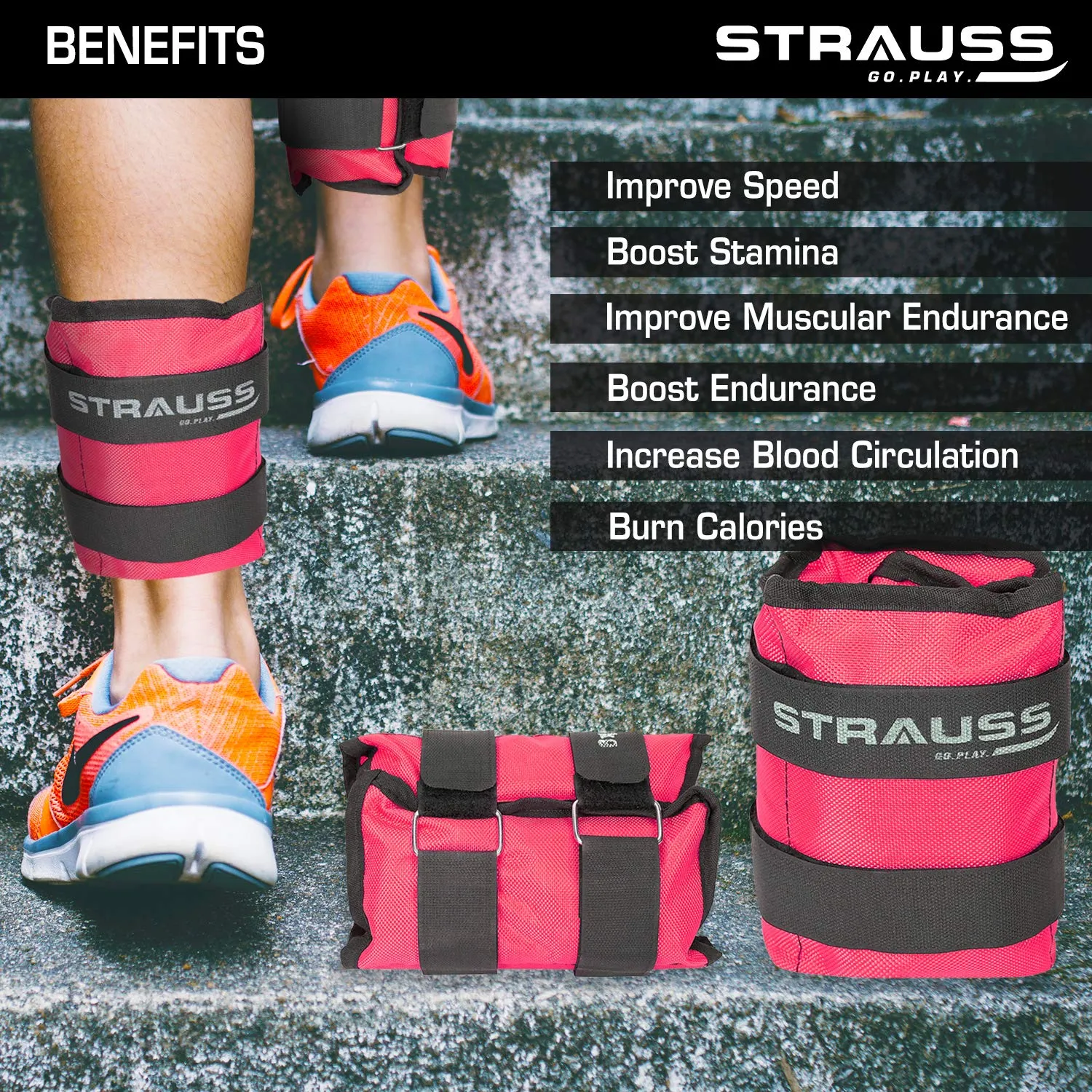 Strauss Adjustable Ankle/Wrist Weights 2.5 KG X 2 | Ideal for Walking, Running, Jogging, Cycling, Gym, Workout & Strength Training | Easy to Use on Ankle, Wrist, Leg, (Pink)