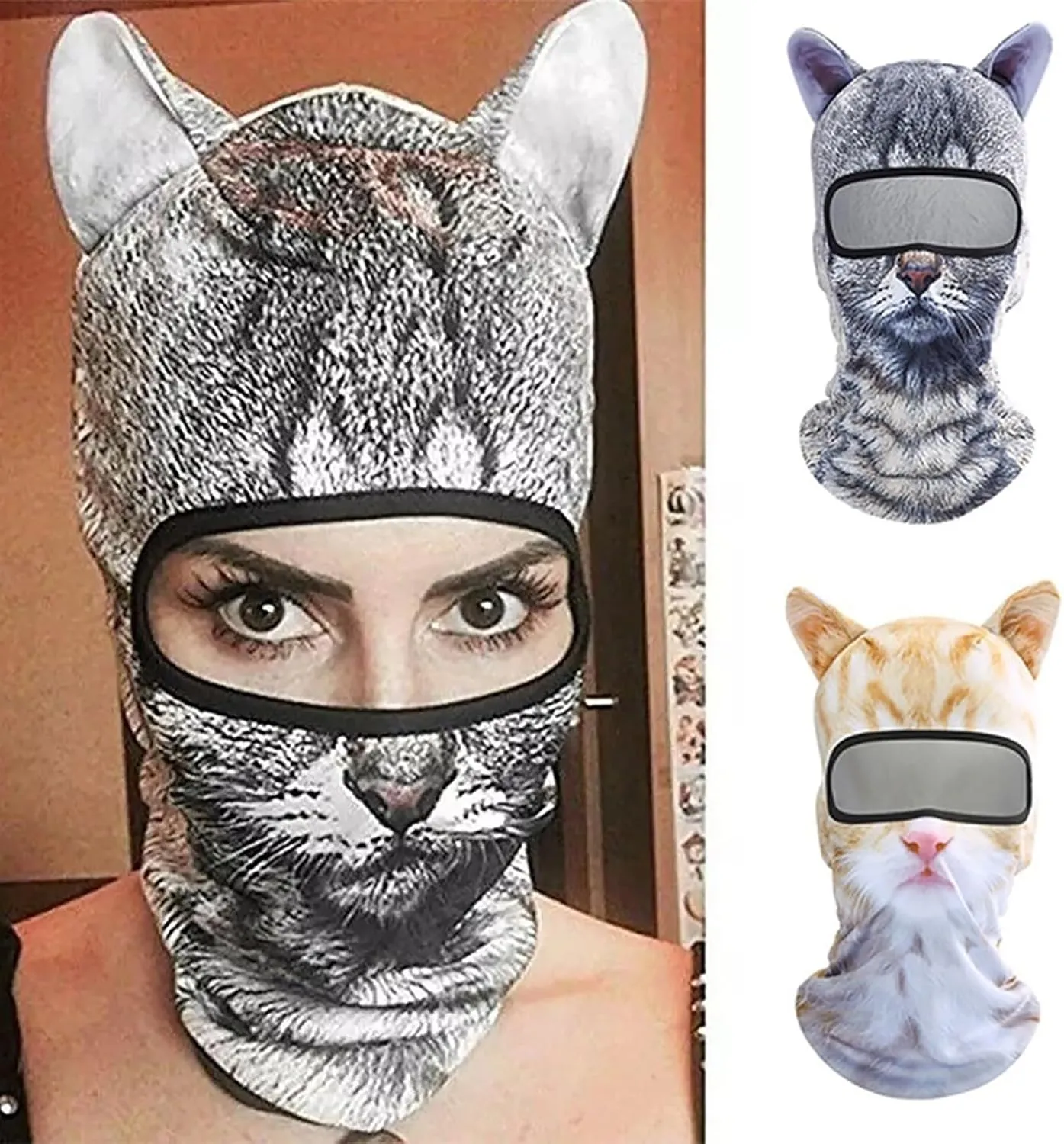 Winter Balaclava Cat Ski Mask Windproof with Ears Cute Full Face Shiesty Mask Animal Ski Face Mask for Outdoor Hiking Riding(2pcs-Type-B)